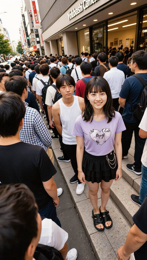 Young Japanese woman in purple t-shirt and black skirt smiling on city steps with a long queue outside Yodobashi Camera store.