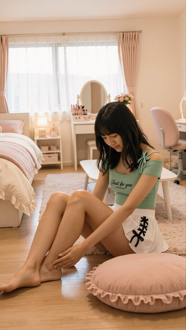 Young Japanese woman with long black hair sitting barefoot on the floor of a cozy pink bedroom, wearing a mint green off-shoulder top and white lace-up shorts.