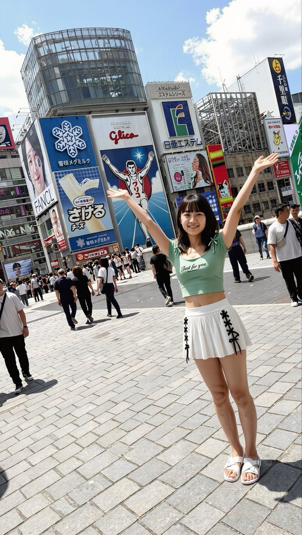 Young Japanese woman in a green crop top and white skirt posing with arms raised in a sunny city square in front of large billboards.