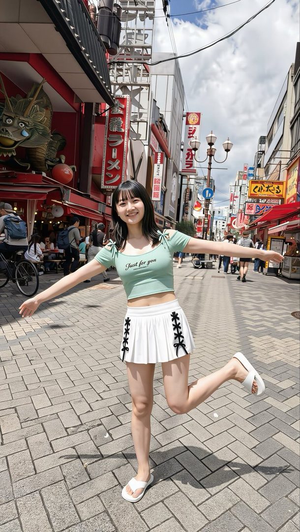 Young Japanese woman posing cheerfully with arms outstretched on a sunny Dotonbori street in Osaka, wearing a mint crop top and white pleated skirt.