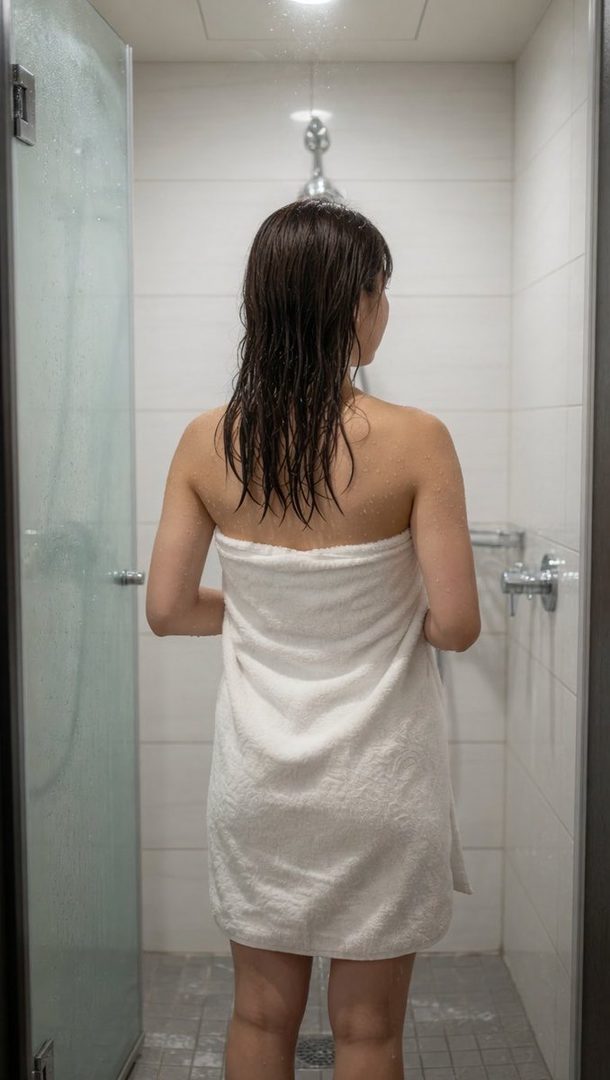 Woman with wet dark hair wrapped in a white towel viewed from behind in a tiled shower stall.