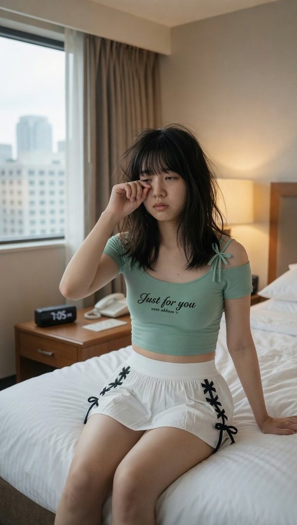 Young East Asian woman with long black hair sitting on a hotel bed in casual crop top and white shorts, natural indoor lighting.