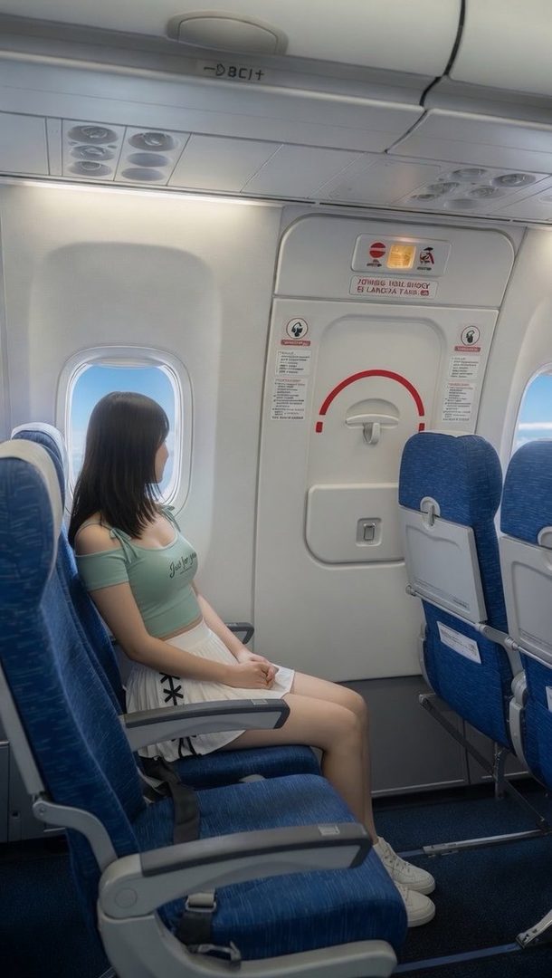 A young woman with long black hair sits by the airplane window wearing a light green off-shoulder top and white skirt.