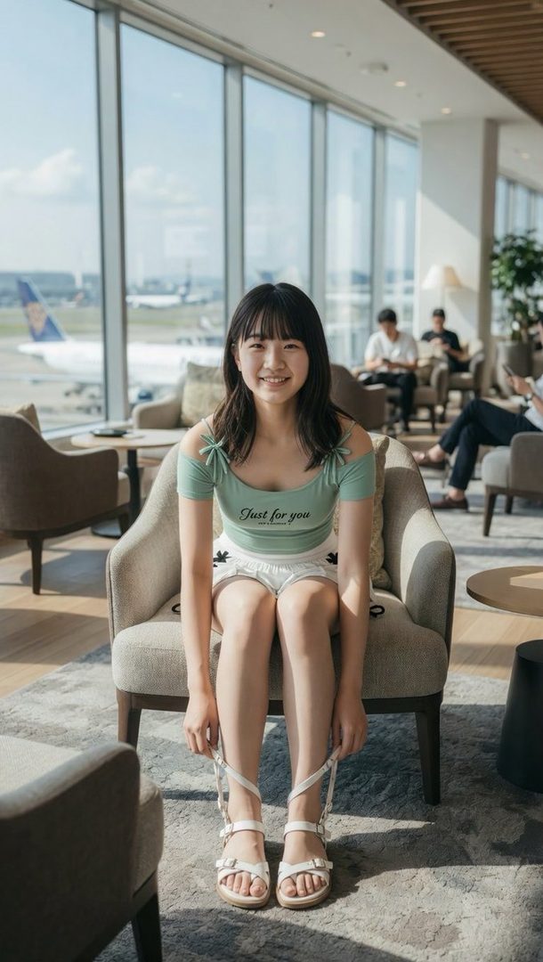 A young East Asian woman with dark hair smiles while seated in a modern airport lounge chair wearing a light green top and white shorts.