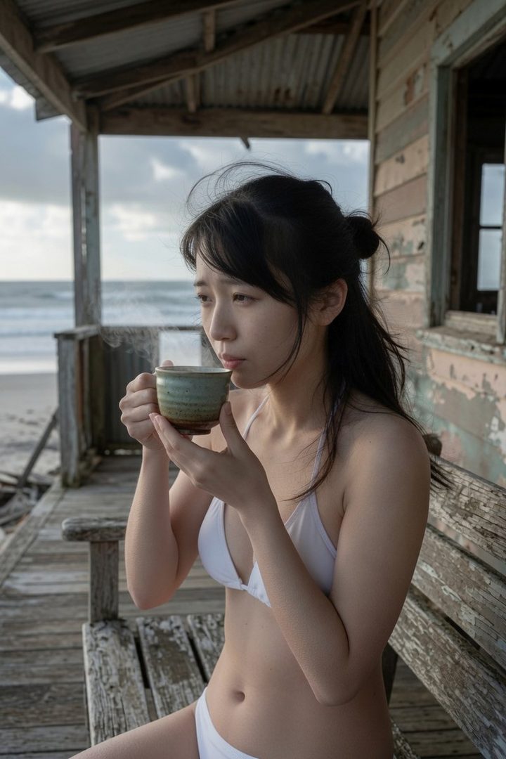 Young East Asian woman in white bikini holding a steaming cup on a weathered wooden porch overlooking the ocean at daytime.