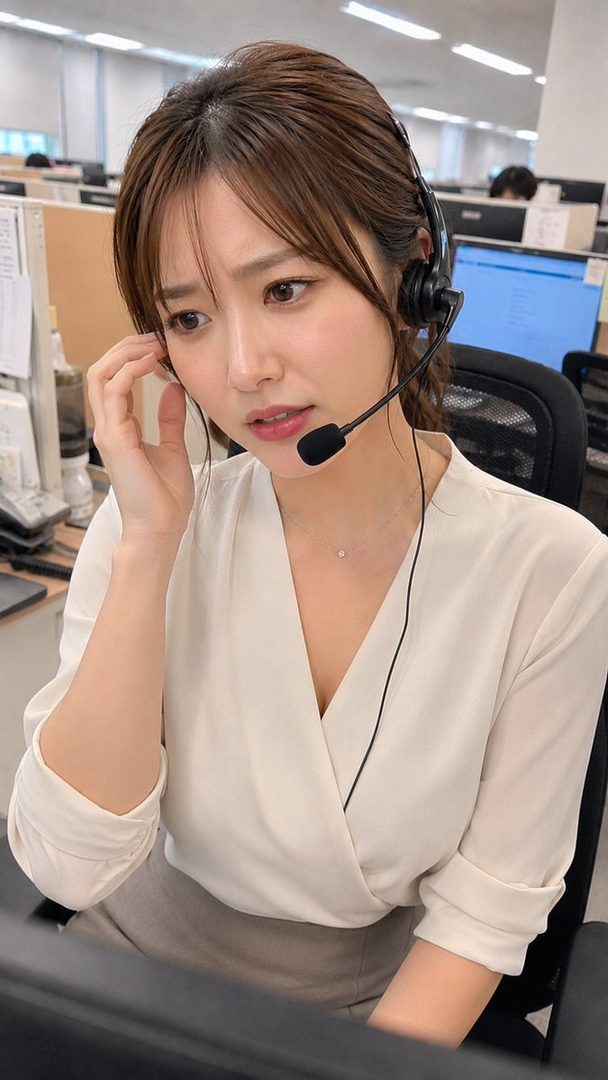A focused woman with brown hair and bangs wears a headset and a white blouse while working in an office setting.