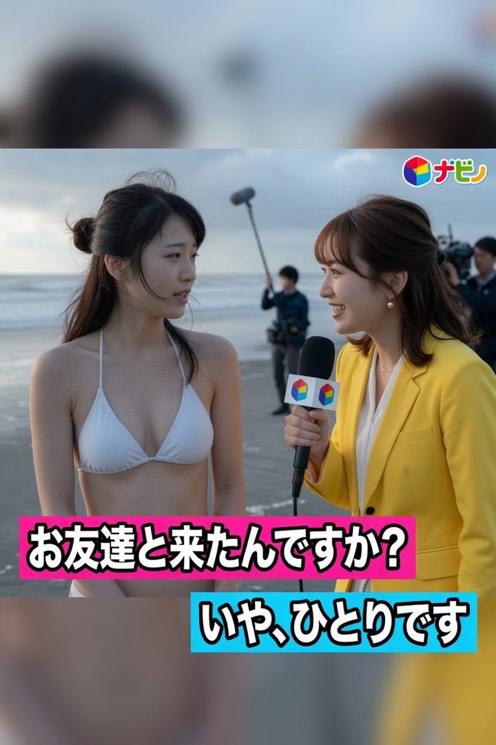 AI-generated beach interview scene featuring a woman in a white bikini top speaking with a reporter in a yellow blazer.