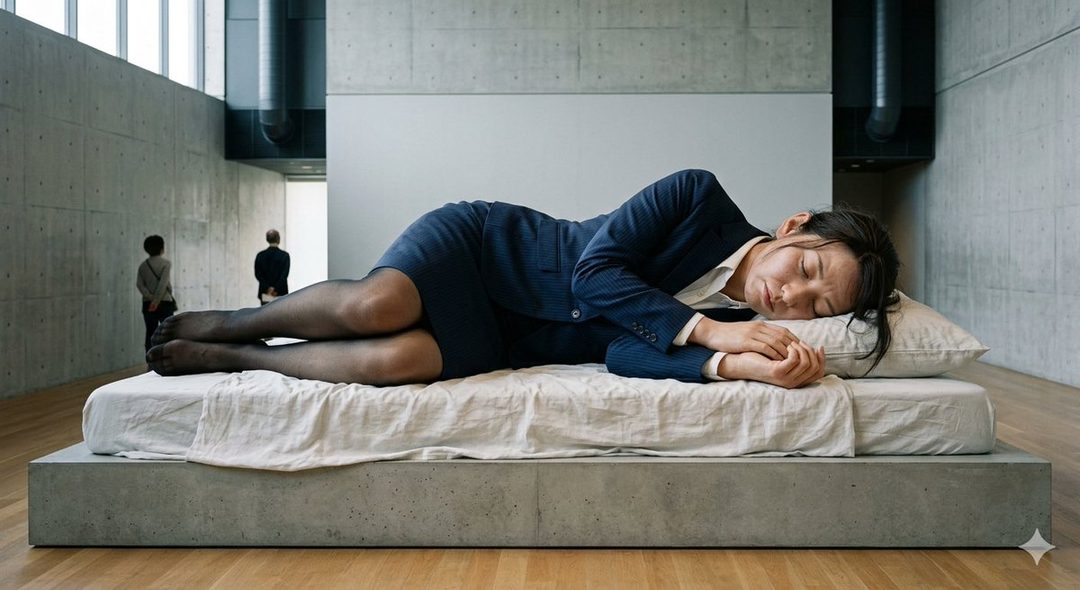 Hyperrealistic portrait of a young East Asian woman in a navy business suit sleeping peacefully on a minimalist bed inside a vast concrete gallery space.