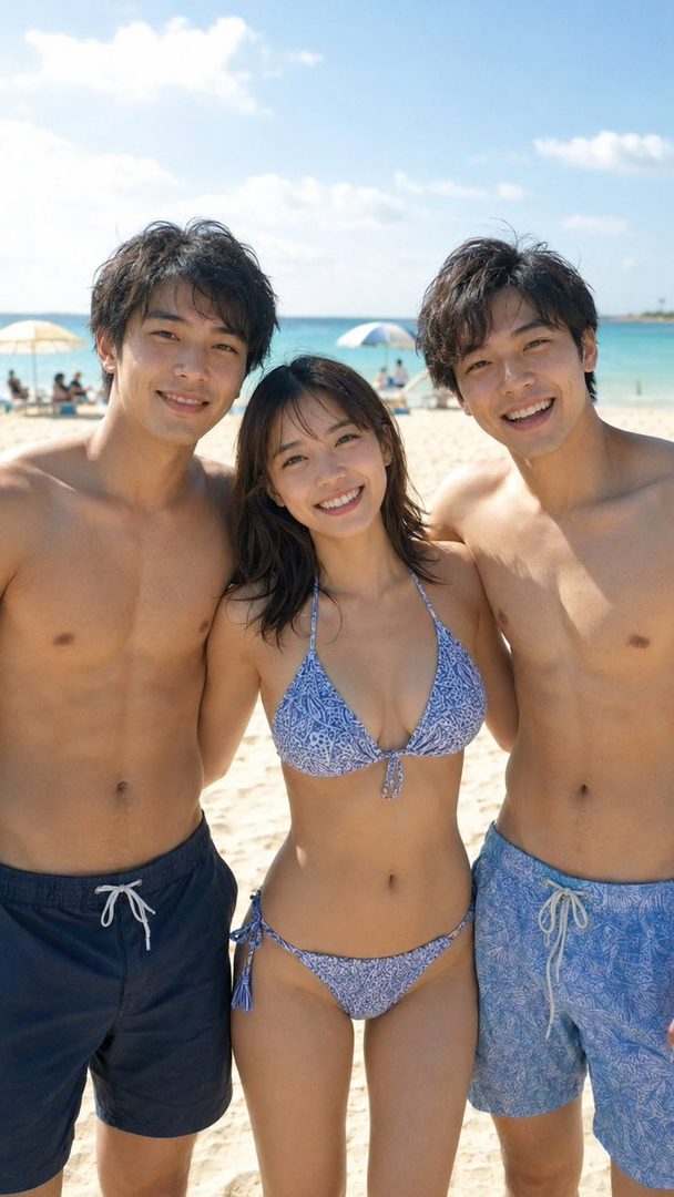 Three young adults smiling on a sunny beach, with a woman in a blue patterned bikini standing between two shirtless men.