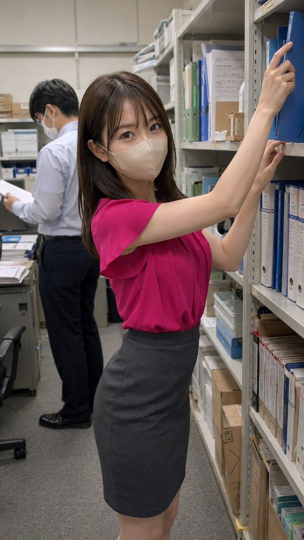 A young woman in a fuchsia blouse and gray skirt reaching for a binder in an office archive room.