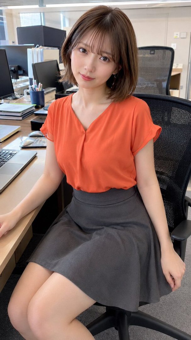 Young Japanese woman with a brown bob haircut wearing an orange blouse and gray skirt, seated in a modern office chair.