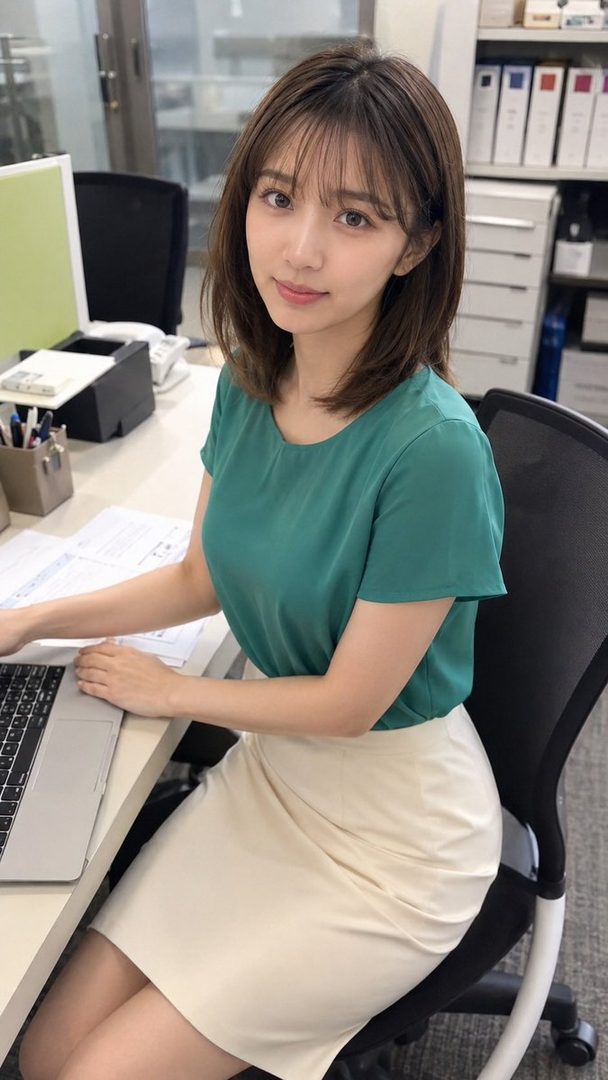 Young Japanese woman with brown bob hair wearing emerald green blouse and cream skirt posing at an office desk.