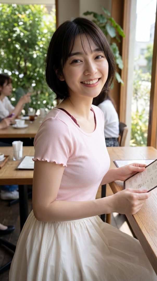 Smiling young woman with short black bob hair wearing a pink top and white skirt, holding a menu in a bright cafe setting.