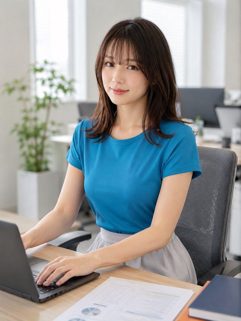 A young woman in a turquoise blue top sitting at an office desk with a laptop, smiling gently.