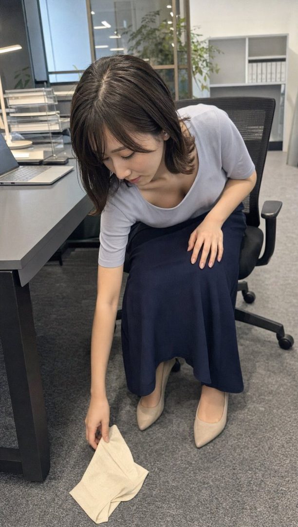 A professional woman in an office bending to pick up a beige handkerchief from the floor.