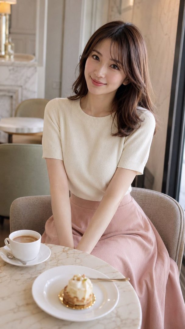 Elegant young woman with shoulder-length brown hair in a cream knit top and pink skirt, seated at a marble cafe table with coffee and cake.