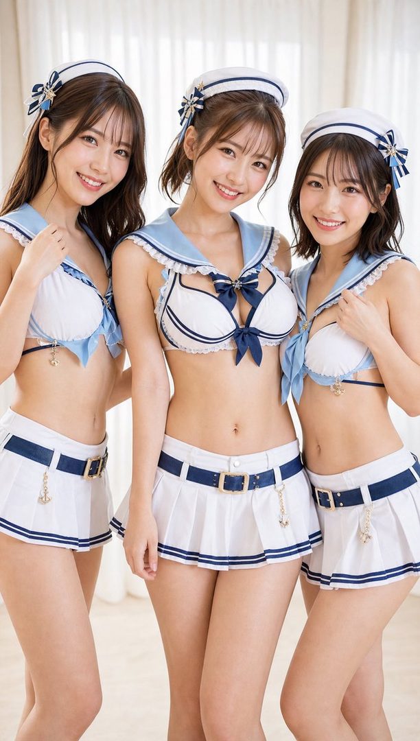 Three attractive young women posing together in matching blue and white sailor-style cosplay outfits indoors.