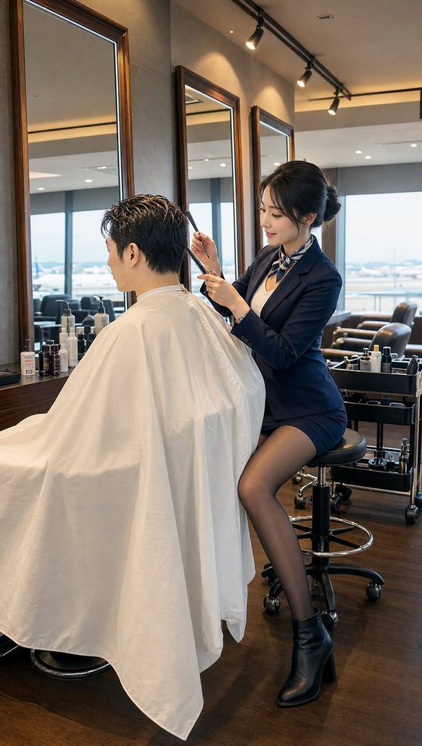 Professional female hairstylist in navy uniform cutting a male client's hair in a modern luxury salon with large mirrors.