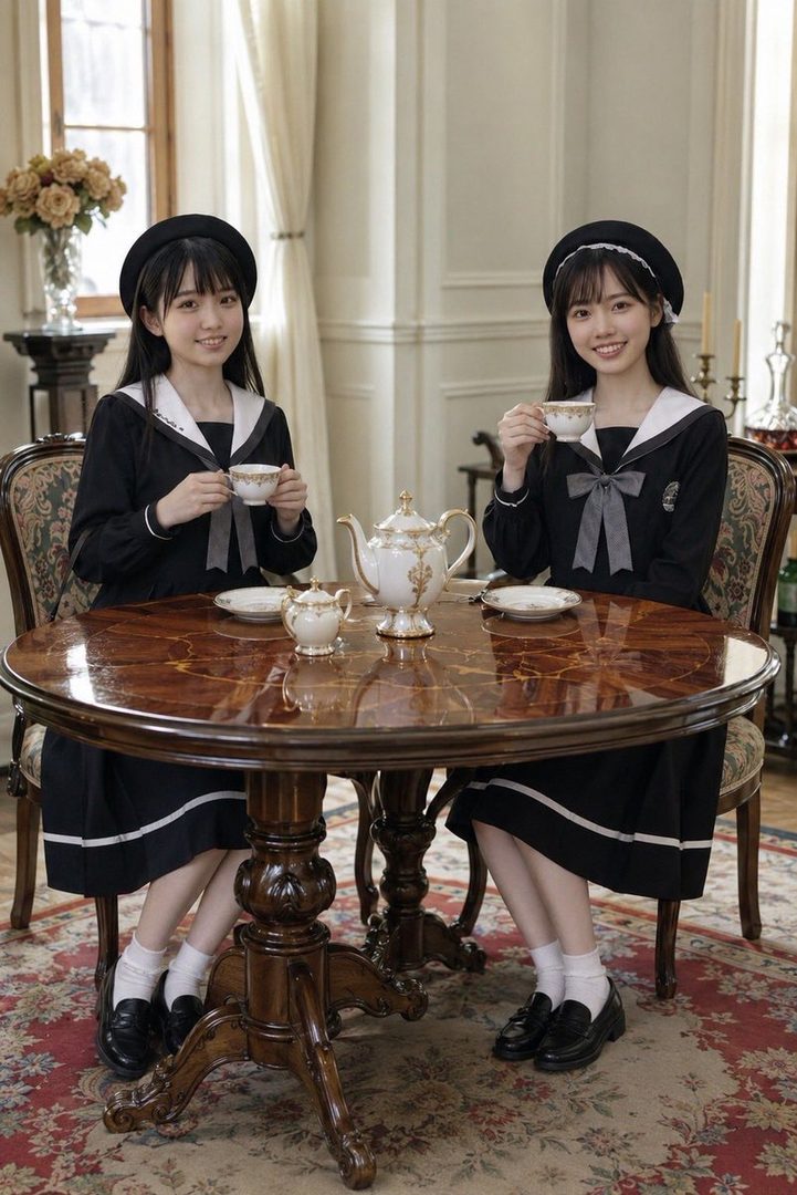 Two young women in matching black sailor uniforms smiling while enjoying tea at an ornate wooden table in a luxurious room.