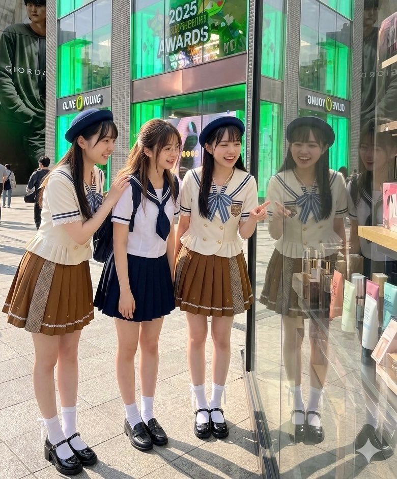 Three young women in matching Japanese-style school uniforms posing and smiling in front of a brightly lit cosmetics store on a city street.