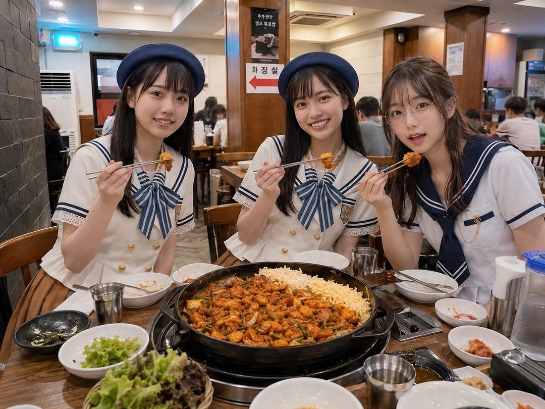 Three young women in matching sailor-style uniforms smiling while eating Korean tteokbokki at a restaurant table.
