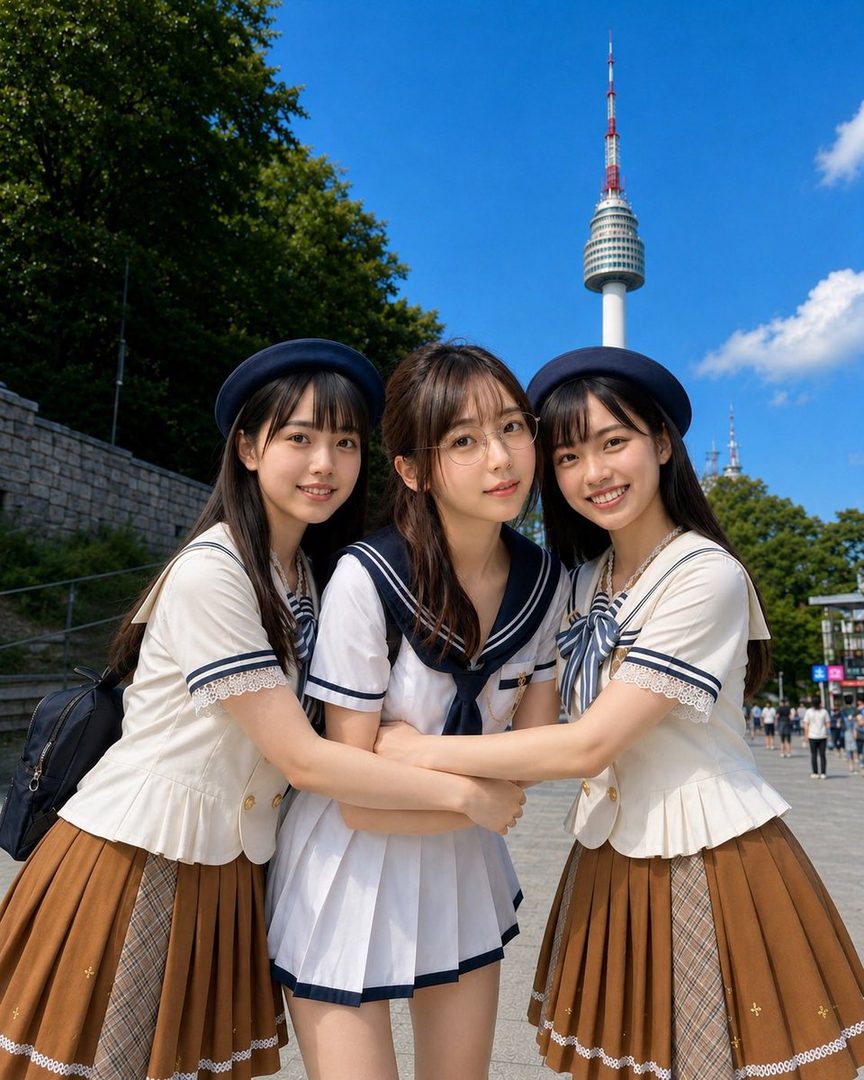 Three smiling young women in matching Japanese-style school uniforms posing together outdoors with N Seoul Tower visible in the background on a bright sunny day.