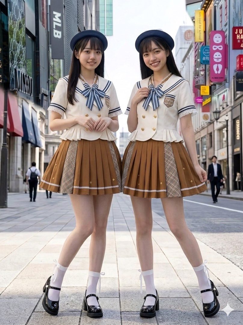 Two young women in matching marine-style sailor school uniforms posing together on a sunny city street.