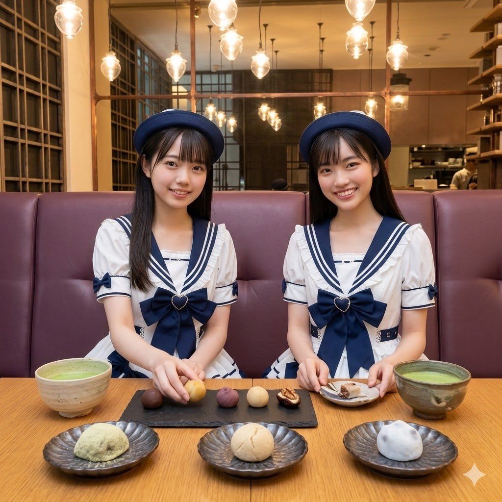 Two young Japanese women in matching navy sailor-style uniforms smiling at a wooden table with traditional Japanese sweets and matcha in a cozy cafe setting.