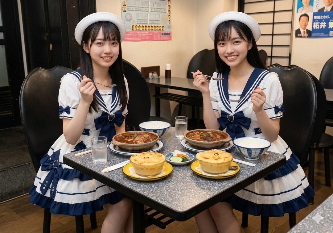 Two smiling young women in matching sailor-style waitress uniforms seated at a restaurant table with beef stew and gratin dishes.