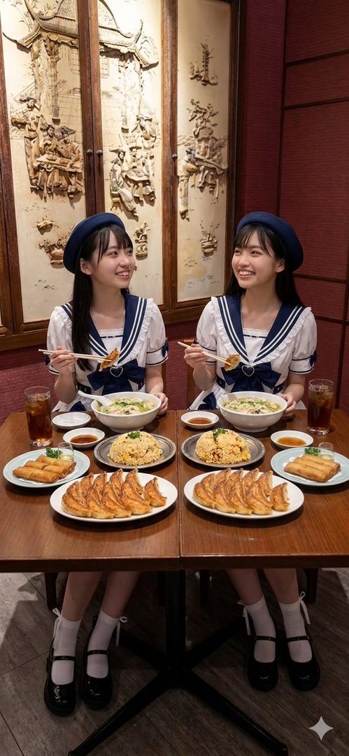 Two young women in matching sailor-style uniforms smiling while eating Chinese food at a restaurant table.