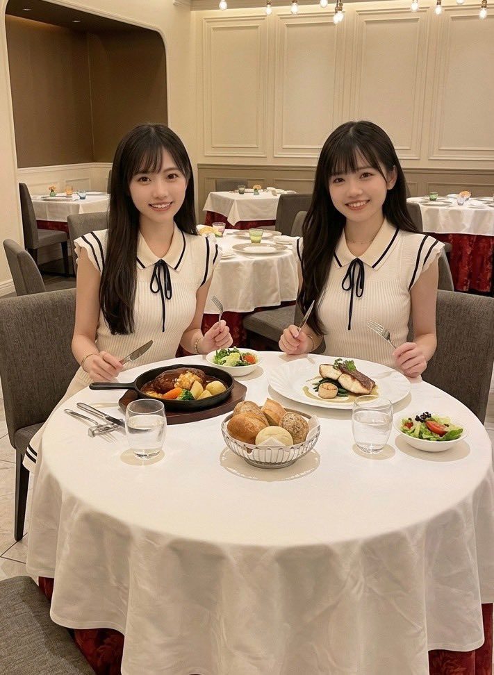 Two young Japanese women with long black hair in matching white blouses smiling at a fine dining restaurant table.