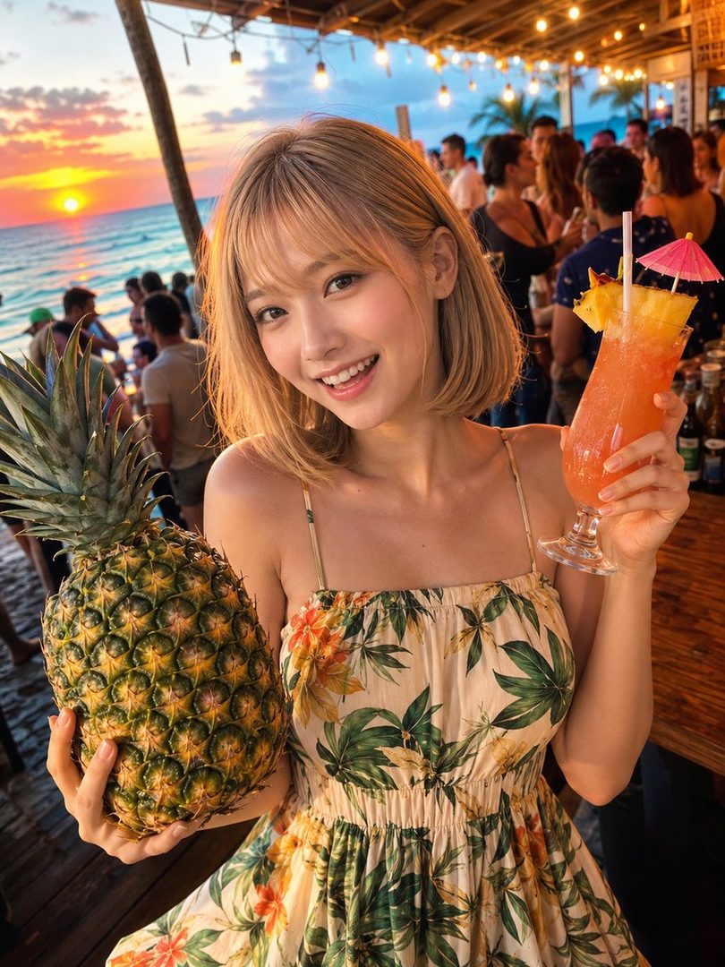 A smiling blonde woman in a floral sundress holding a pineapple and a tropical cocktail at a sunset beach bar.