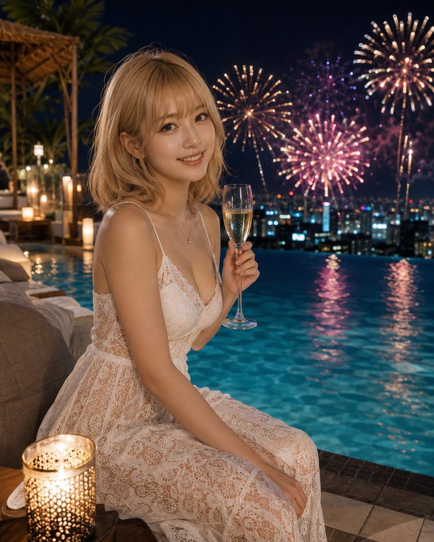 Blonde woman in a white lace dress holding champagne by a nighttime infinity pool with fireworks over the city skyline.