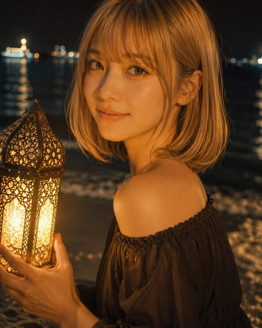 Blonde woman in an off-shoulder blouse holding a glowing lantern on a nighttime beach.