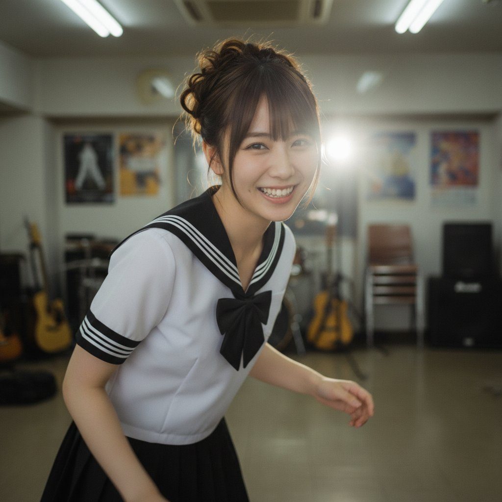 A smiling young Japanese woman in a classic sailor school uniform posing indoors in a music room with guitars and posters.