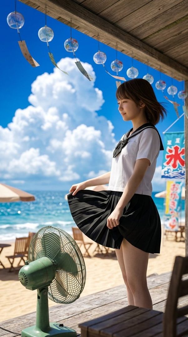 Young woman in Japanese school uniform posing playfully on a sunny beachside deck with ocean view and vintage fan in foreground.