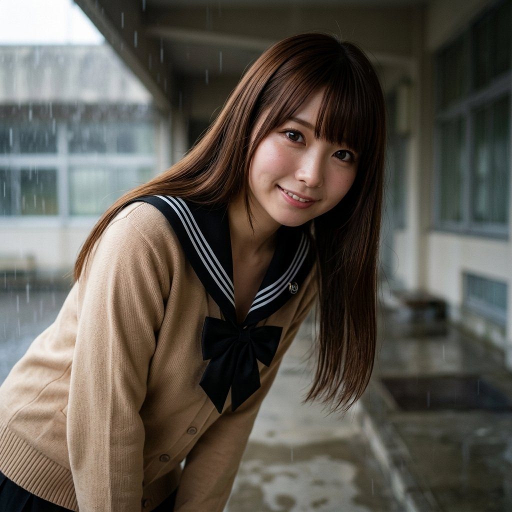 Young woman in Japanese school uniform smiling under a rainy covered walkway.