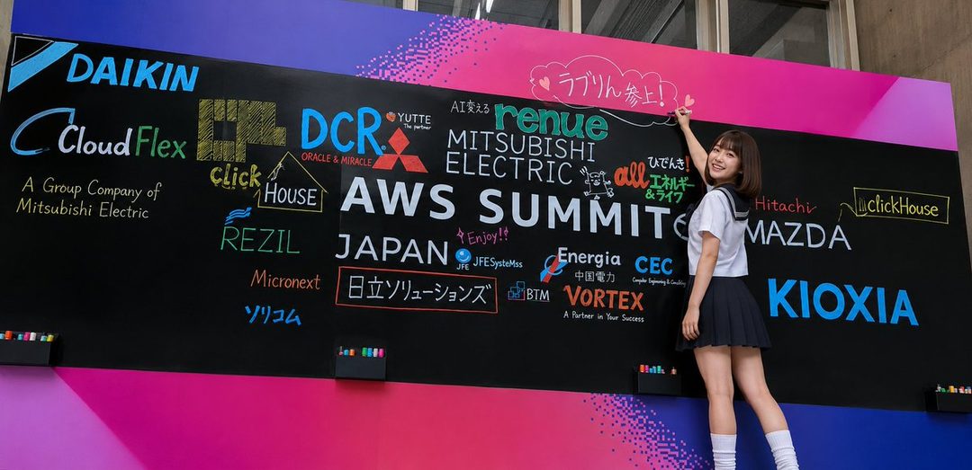 Young woman in school uniform posing playfully in front of a colorful corporate event banner at an outdoor summit.