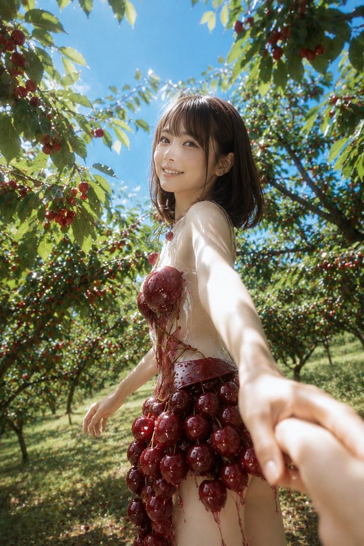 Young woman playfully covered in cherries posing in a sunny orchard while reaching out her hand.