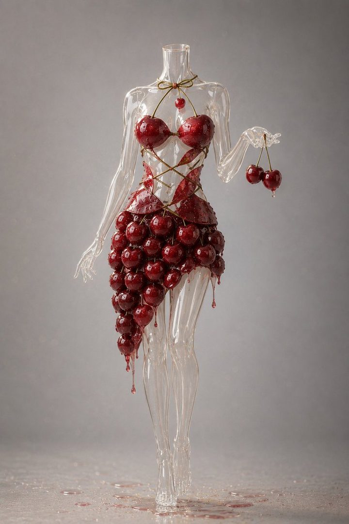 Transparent glass mannequin wearing an artistic outfit made of fresh red cherries with dripping juice in a studio setting.
