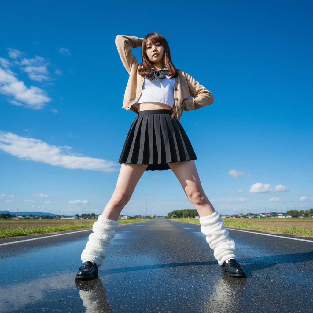 Young Japanese woman posing on a wet asphalt road under a bright blue sky after rain, wearing a cropped school uniform style outfit with pleated skirt and leg warmers.