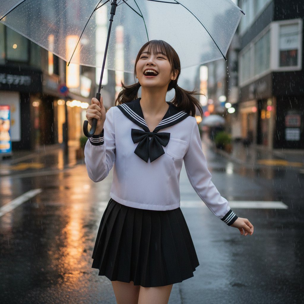 Young woman in Japanese school uniform smiling under a clear umbrella on a rainy city street at night.