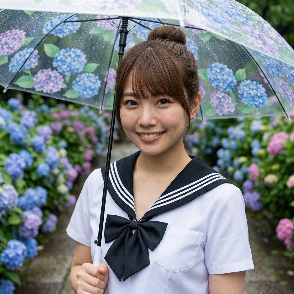 Young Japanese woman in sailor uniform smiling under a floral umbrella in a blooming hydrangea garden on a rainy day.