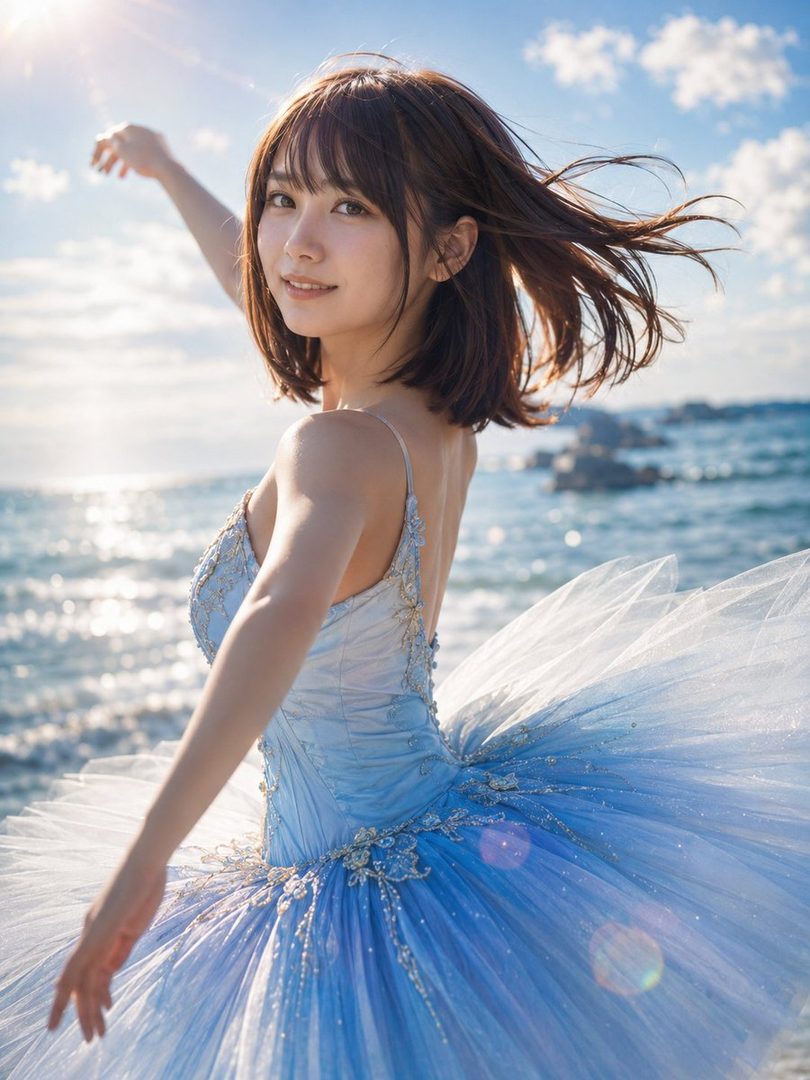 A young woman with brown bob hair wearing a sparkling light blue ballet dress poses gracefully by the ocean under a bright sunny sky.