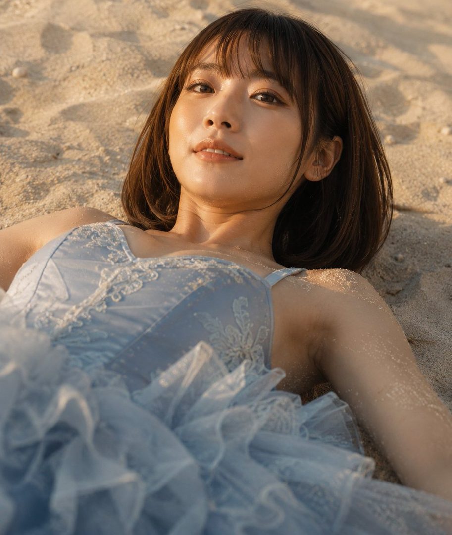 A young woman in a light blue lace ballet dress lying on golden sand at sunset.