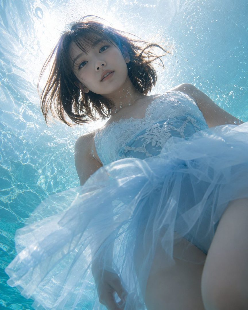 Young woman in a flowing light blue ballet dress floating underwater with sunlight rays piercing the clear blue water.