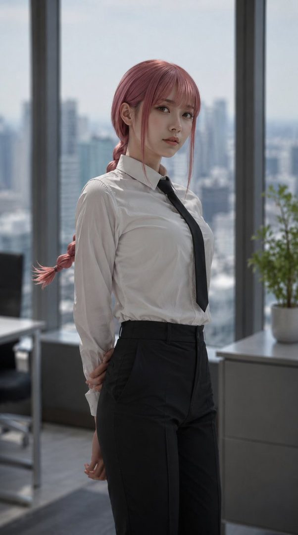 Woman with pink braided hair cosplaying as Makima from Chainsaw Man, wearing a white shirt and black tie in a modern office with city skyline view.