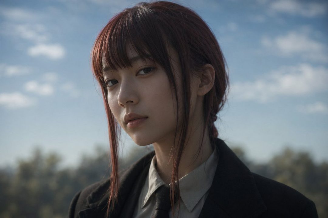 Young woman cosplaying Makima from Chainsaw Man with red hair, bangs, and formal shirt-tie-coat attire against a blue sky.