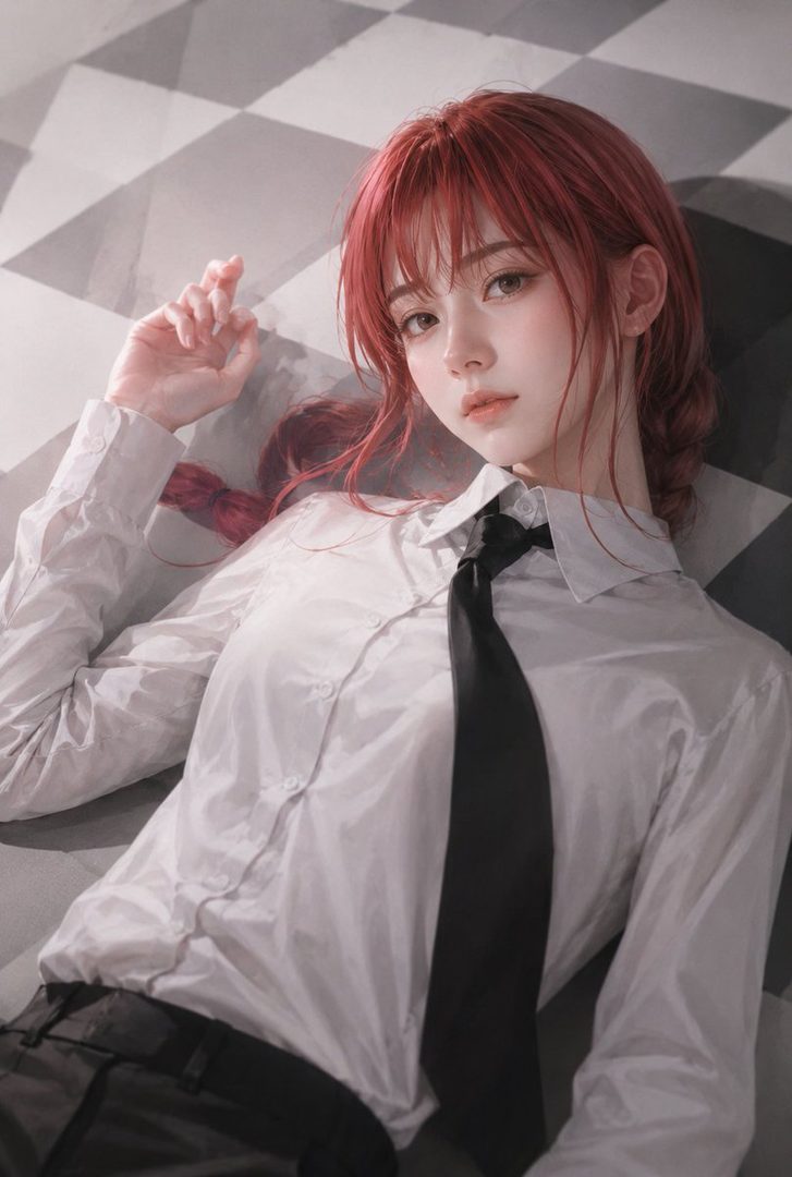 Red-haired woman cosplaying Makima from Chainsaw Man, lying on a checkered floor in a white shirt and black tie.