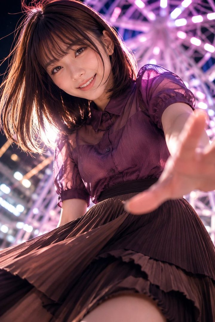 Young woman with brown bob hair in a sheer purple blouse smiling and reaching toward the camera in front of a glowing Ferris wheel at night.